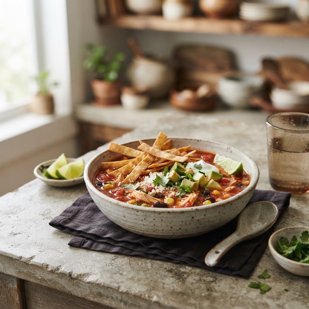 Weeknight Tortilla Soup with crispy tortilla strips