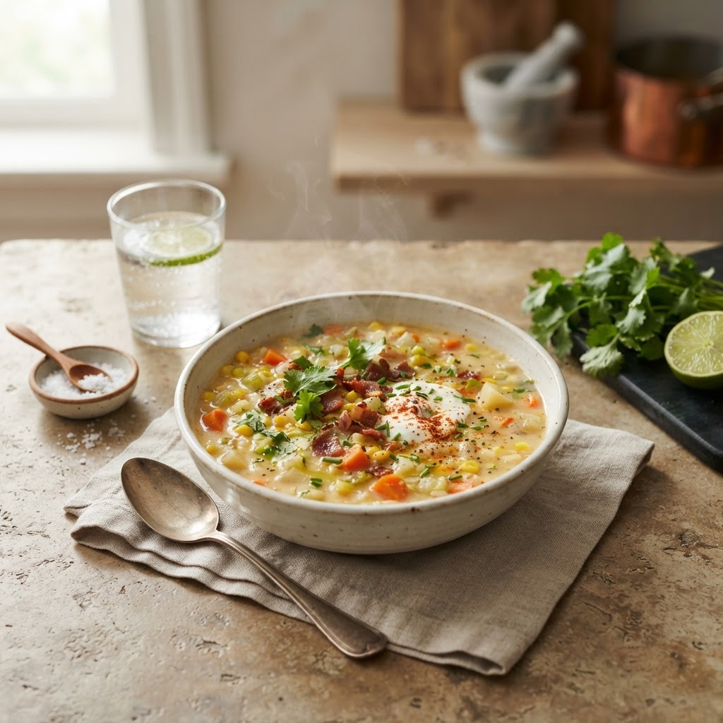 Weeknight Corn Chowder with fresh herbs