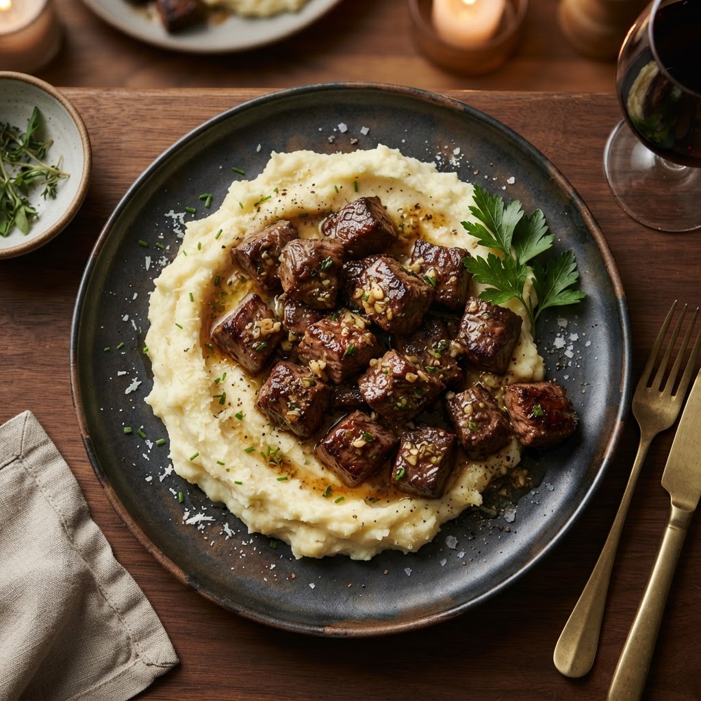 Garlic Butter Steak Bites with Parmesan Mashed Potatoes