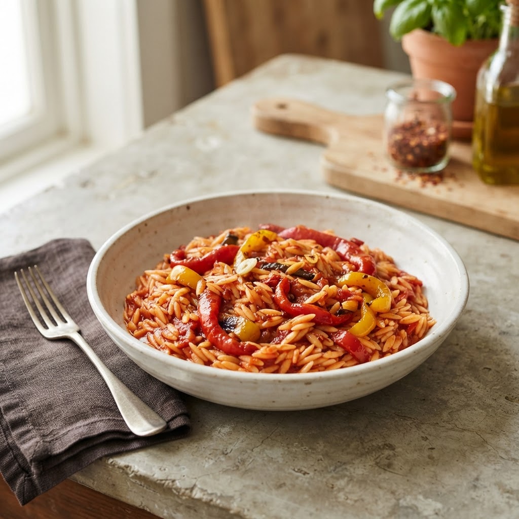 Orzo with Roasted Peppers (spicy arrabbiata)