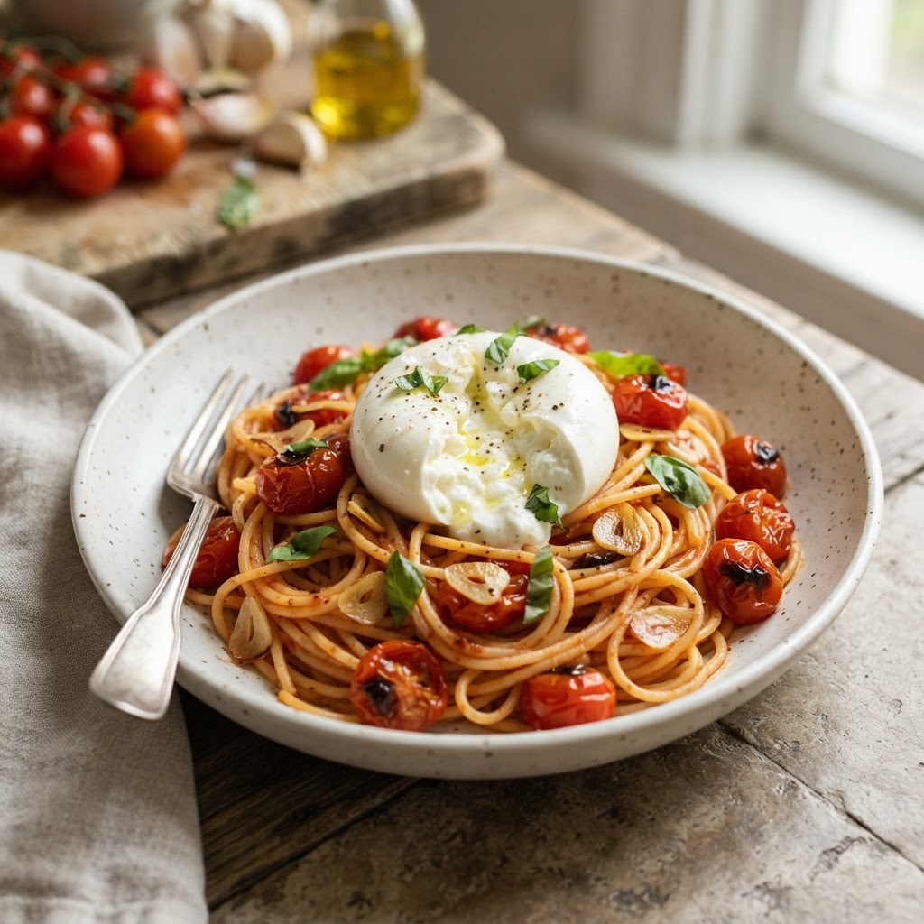 Spaghetti with Roasted Tomatoes, Garlic & Burrata