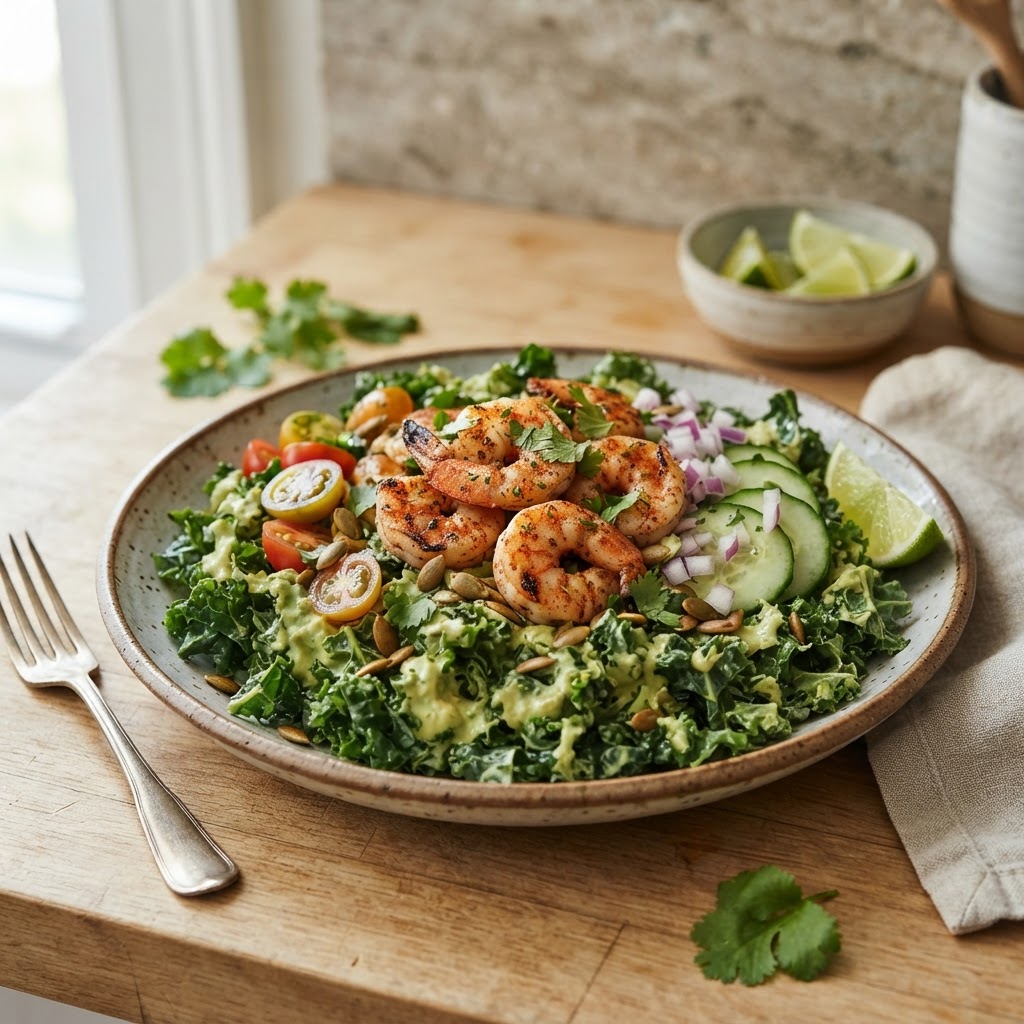 Kale Crunch Salad with Shrimp and creamy avocado dressing