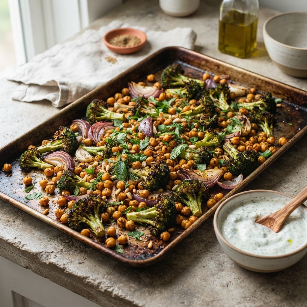 Sheet-Pan Chickpeas with Broccoli (herby yogurt + cumin)