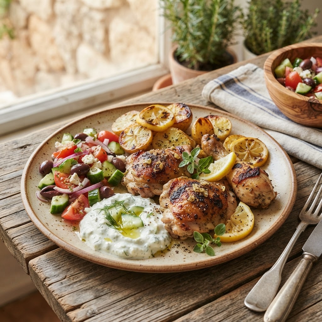 Greek Chicken with Lemon Potatoes & Tzatziki
