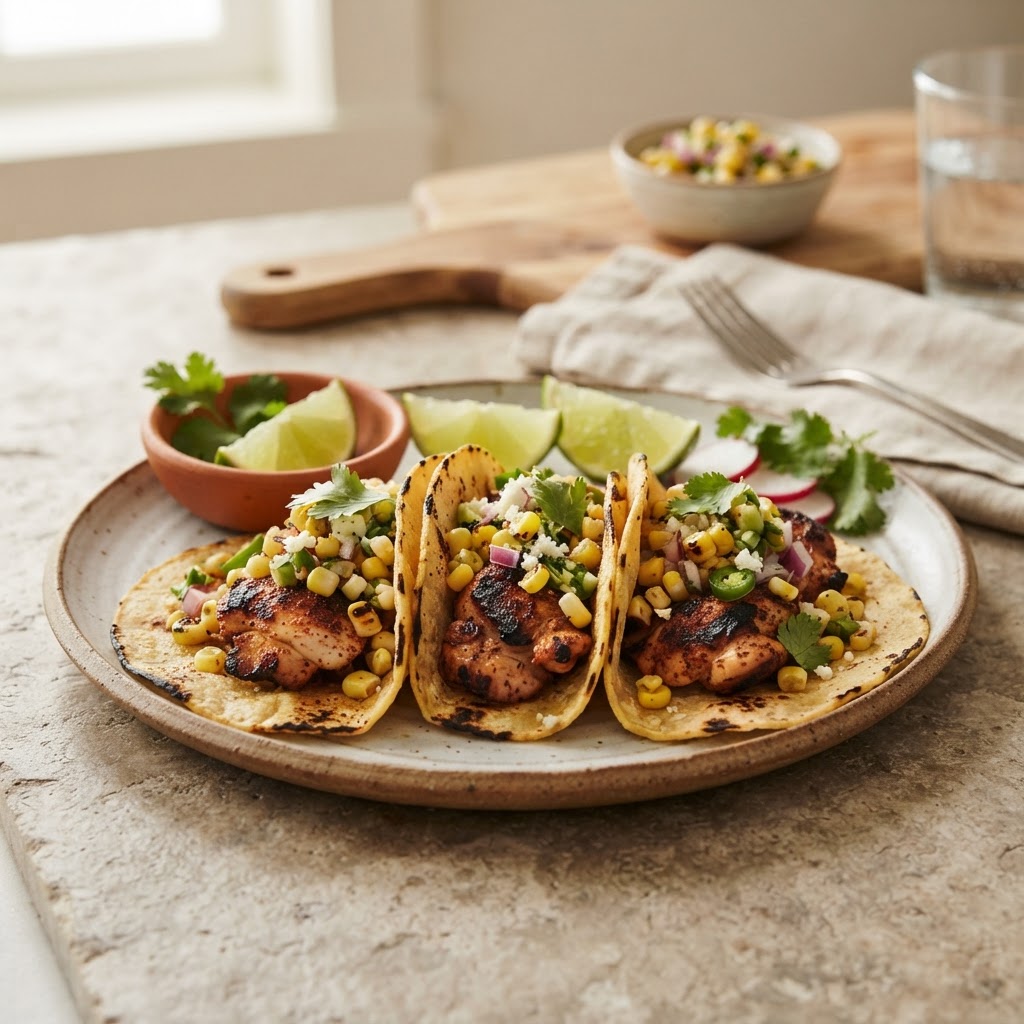Grilled Chicken Tacos with Charred Corn Salsa