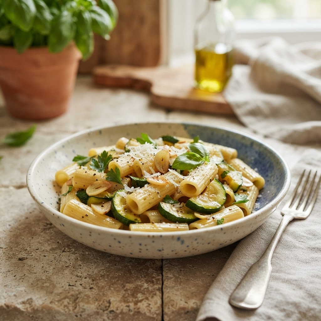 Rigatoni with Zucchini (garlic + olive oil)