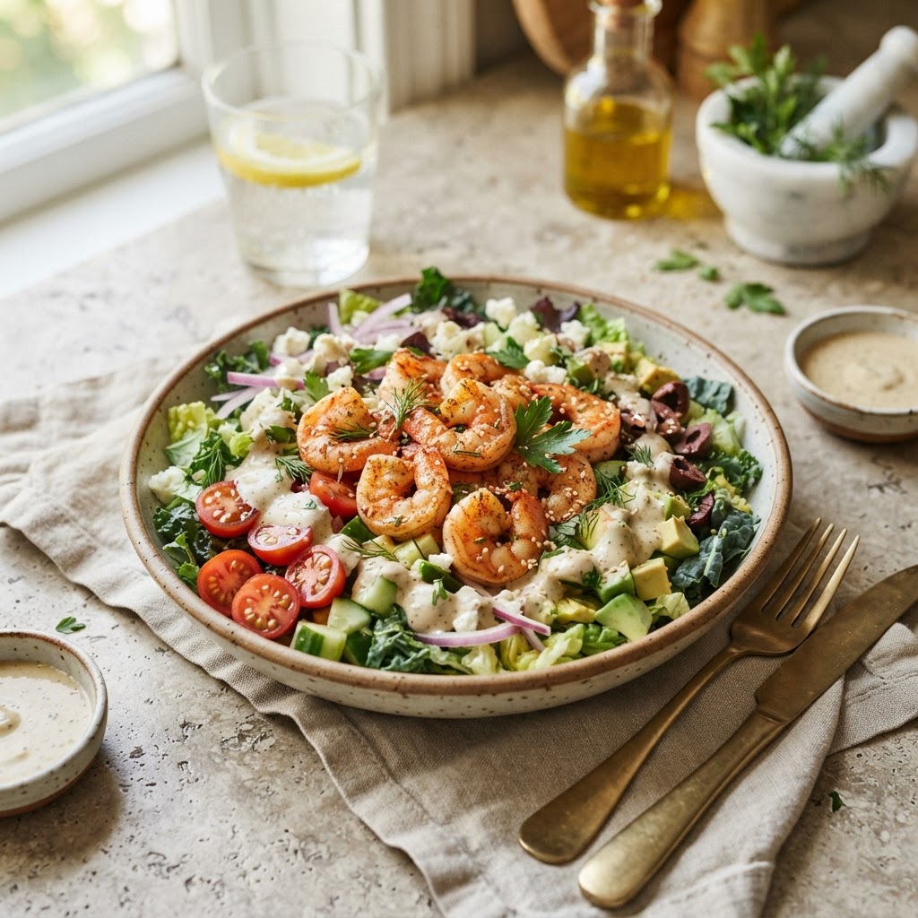 Chopped Salad with Shrimp and tahini-lime dressing