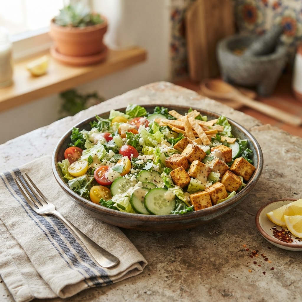 Caesar-Style Salad with Tofu and lemon vinaigrette
