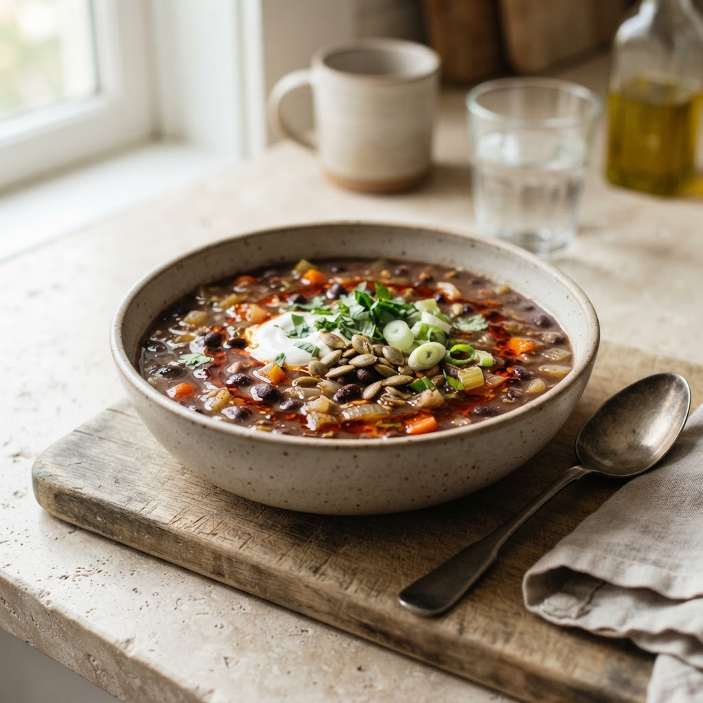 Weeknight Black Bean Soup with chili oil