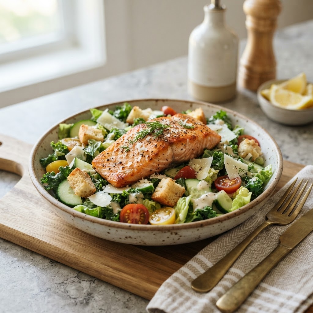 Kale Crunch Salad with Salmon and classic Caesar-style dressing