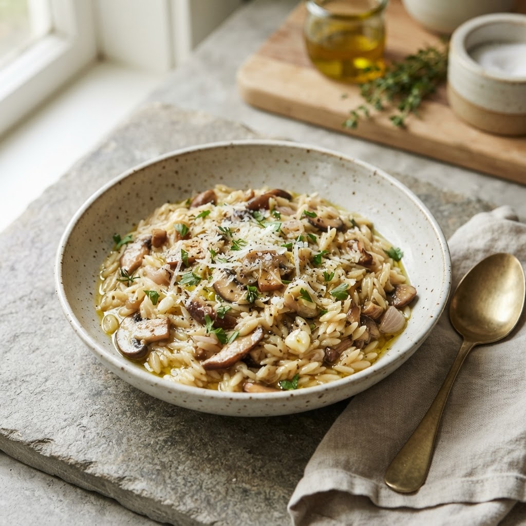 Orzo with Mushrooms (garlic + olive oil)