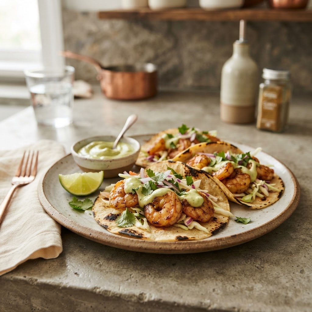 Garlic-Lime Shrimp Tacos with Avocado Crema