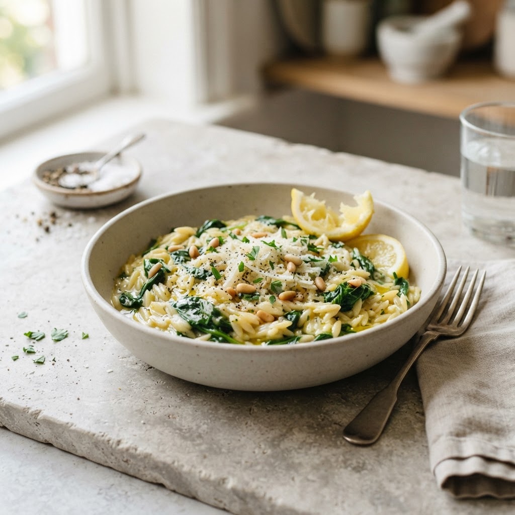 Orzo with Spinach (lemony greens)