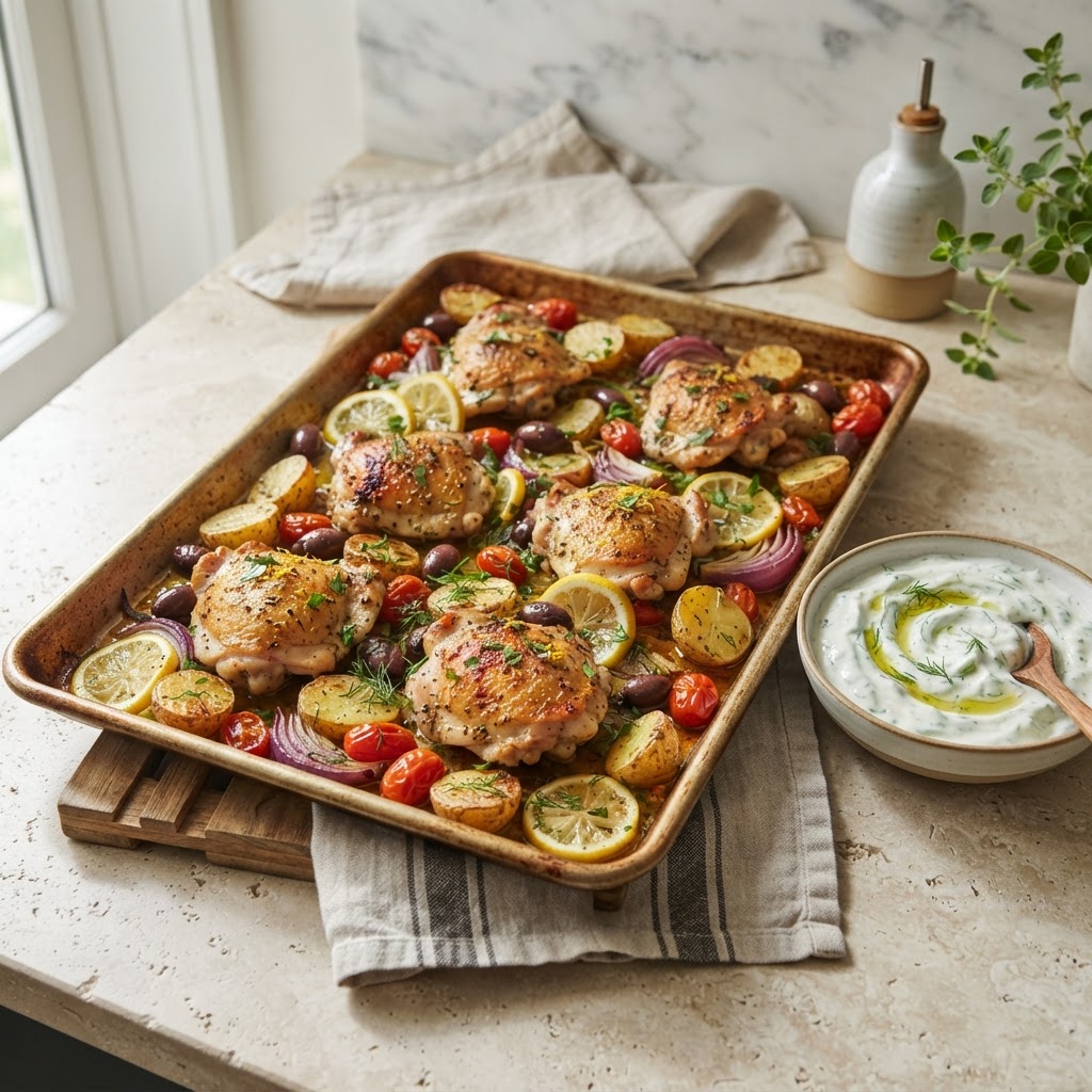 Sheet-Pan Greek Chicken with Lemon Potatoes & Tzatziki