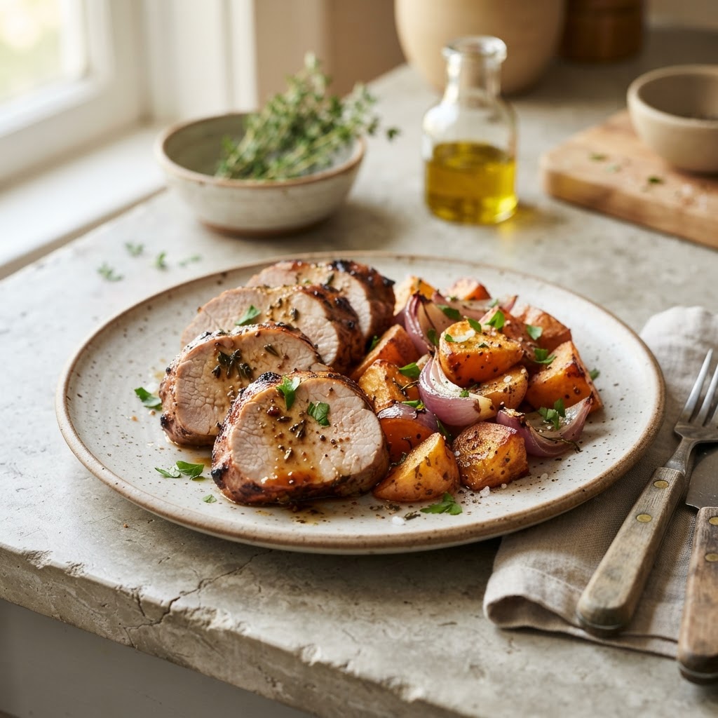 Maple-Dijon Pork Tenderloin with Roasted Sweet Potatoes