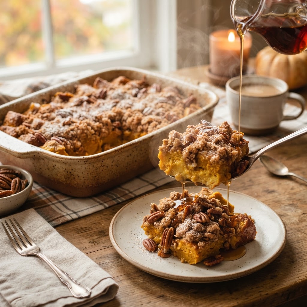 Pumpkin French Toast Bake with Pecan Streusel