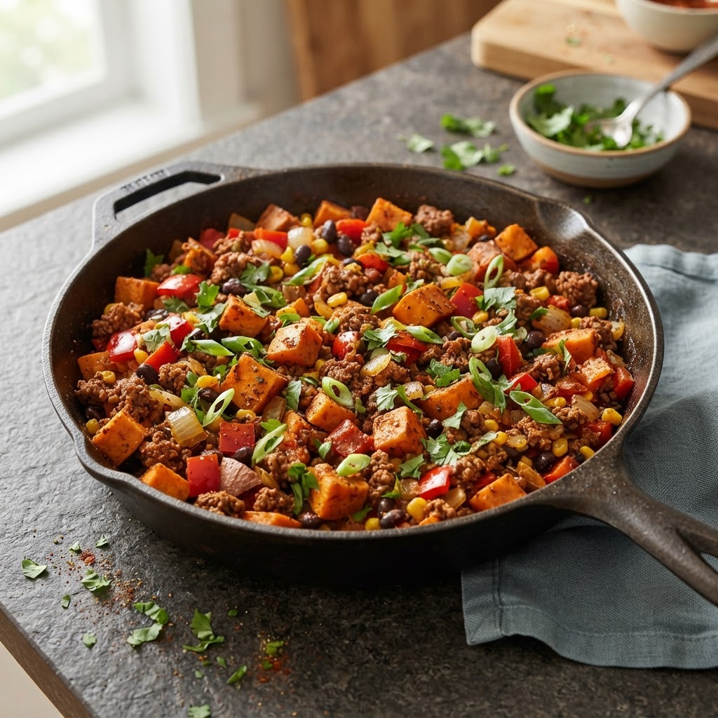 Southwest Sweet Potato & Ground Beef Skillet