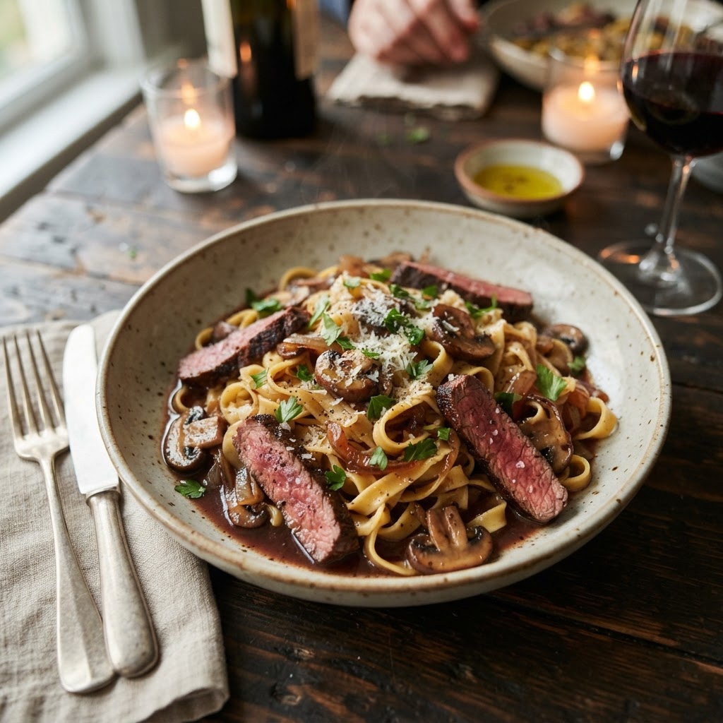 Red Wine Mushroom Steak Pasta