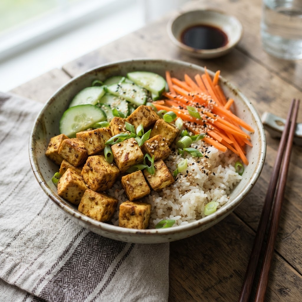 Low-FODMAP Sesame Tofu Rice Bowls with Cucumber & Carrot