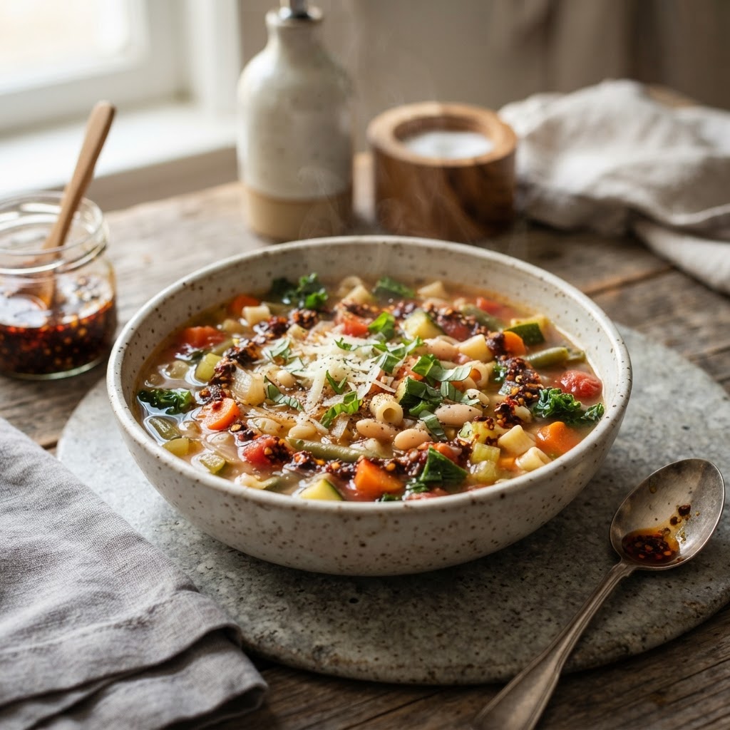 Weeknight Vegetable Minestrone with chili oil