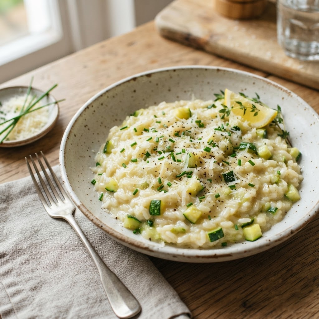 Low-FODMAP Zucchini-Parmesan Risotto with Chives