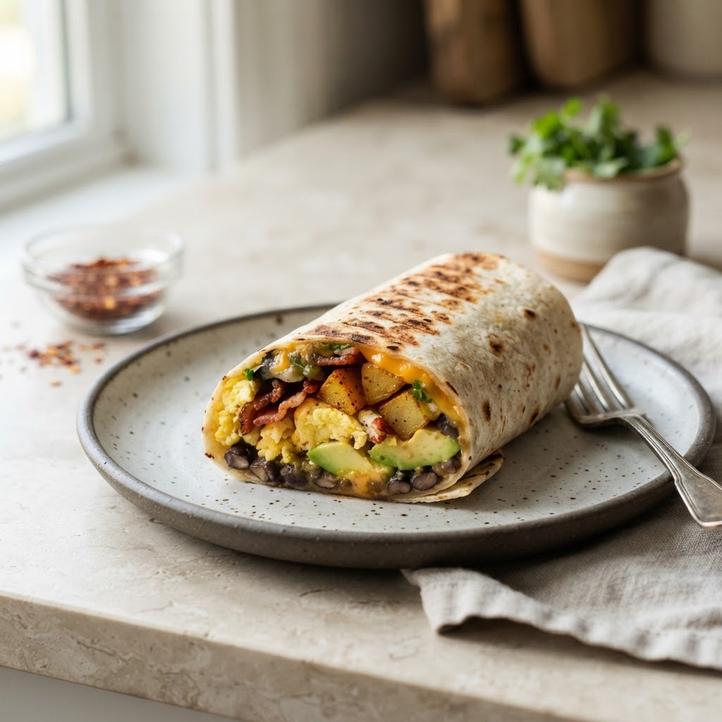Smoky Bacon, Egg & Avocado Breakfast Burrito