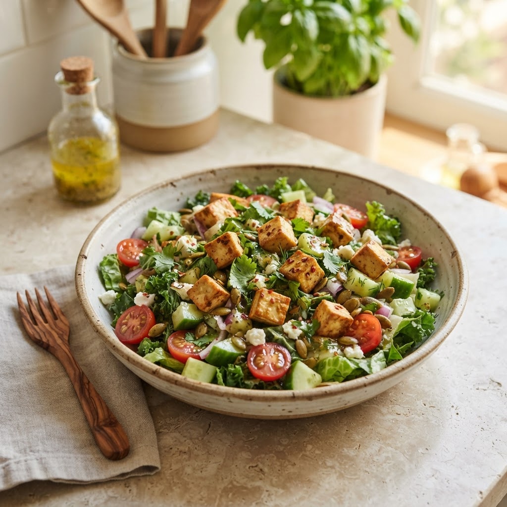 Kale Crunch Salad with Tofu and lemon vinaigrette