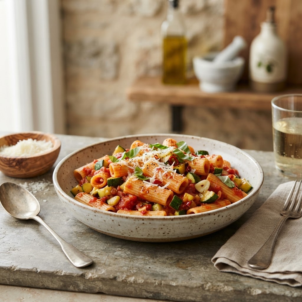 Rigatoni with Zucchini (spicy arrabbiata)