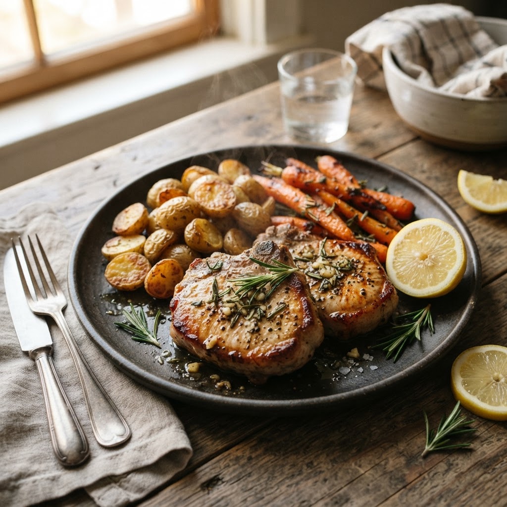 Low-FODMAP Rosemary Pork Chops with Crispy Potatoes & Carrots