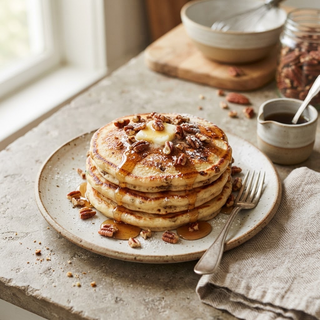 Buttermilk Banana Pancakes with Toasted Pecans