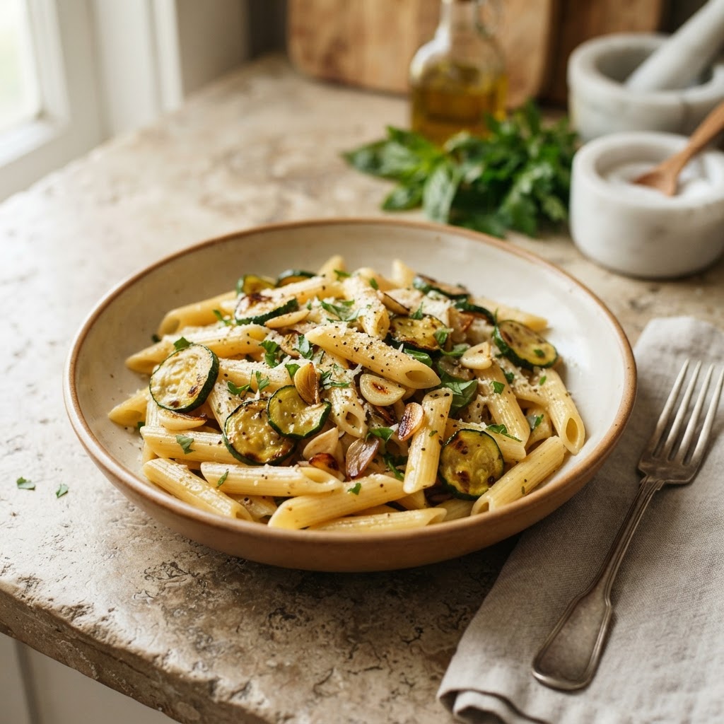 Penne with Zucchini (garlic + olive oil)