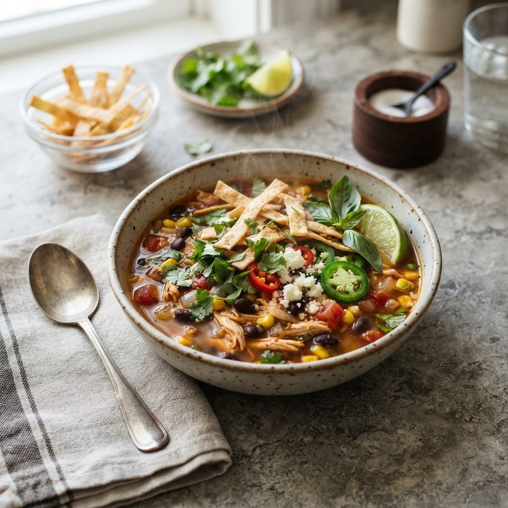 Weeknight Tortilla Soup with fresh herbs