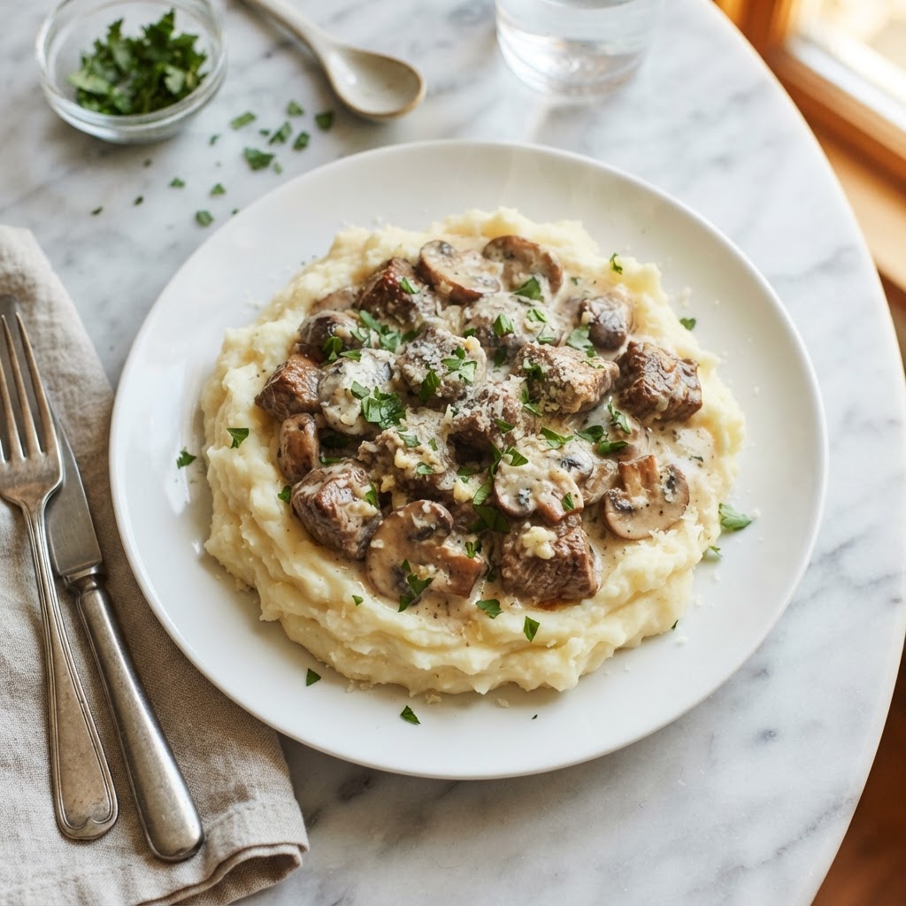 Creamy Garlic Parmesan Beef & Mushrooms