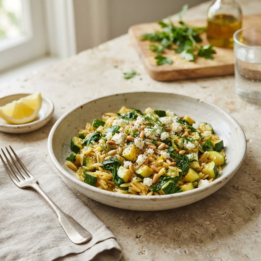 Orzo with Zucchini (lemony greens)
