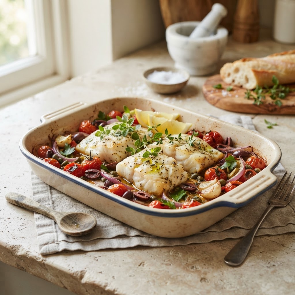 Mediterranean Baked Cod with Tomatoes & Olives
