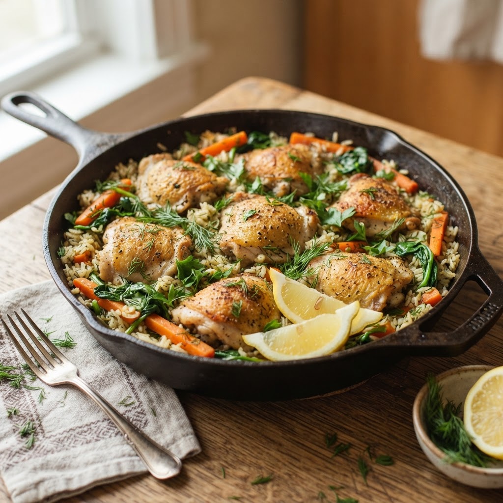 Low-FODMAP Lemon-Dill Chicken & Rice Skillet