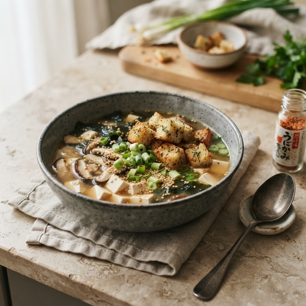 Weeknight Miso Soup with herby croutons (optional)