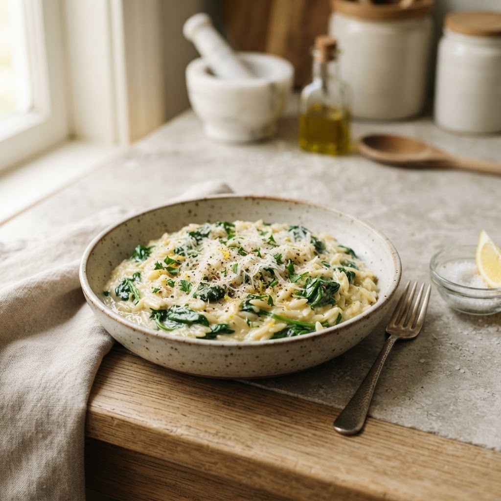 Creamy Lemon Parmesan Orzo with Spinach