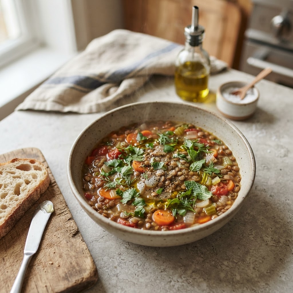 Weeknight Lentil Soup with fresh herbs