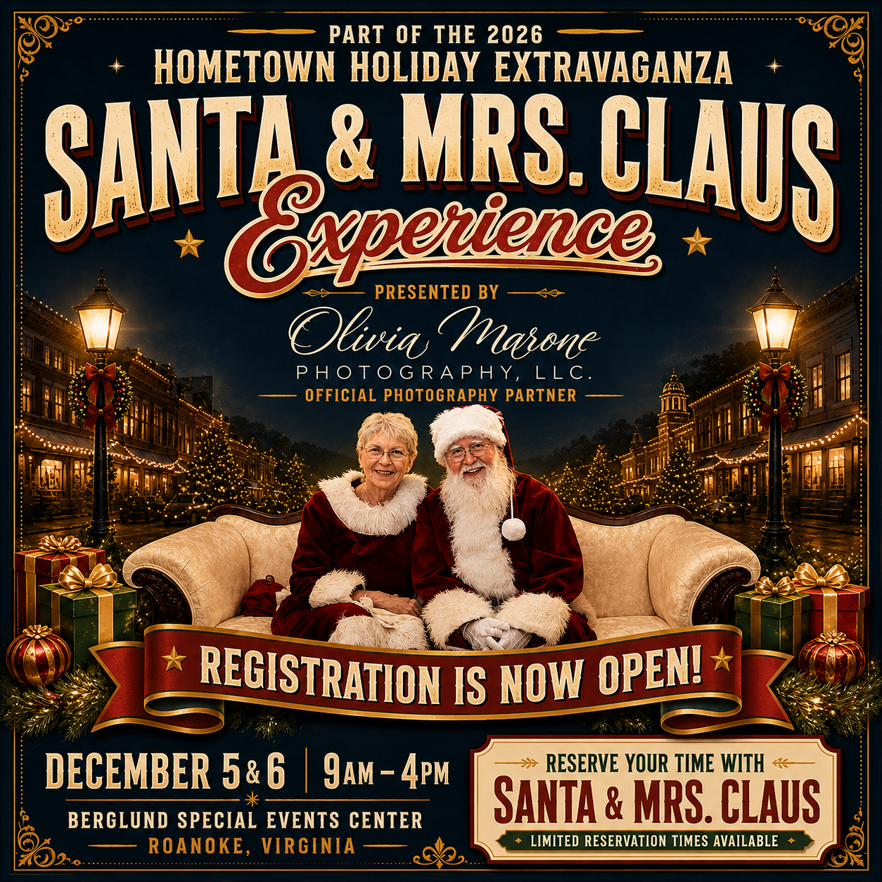 Santa & Mrs. Claus Experience — December 5 & 6 at Berglund Special Events Center, Roanoke Virginia. Registration is now open.