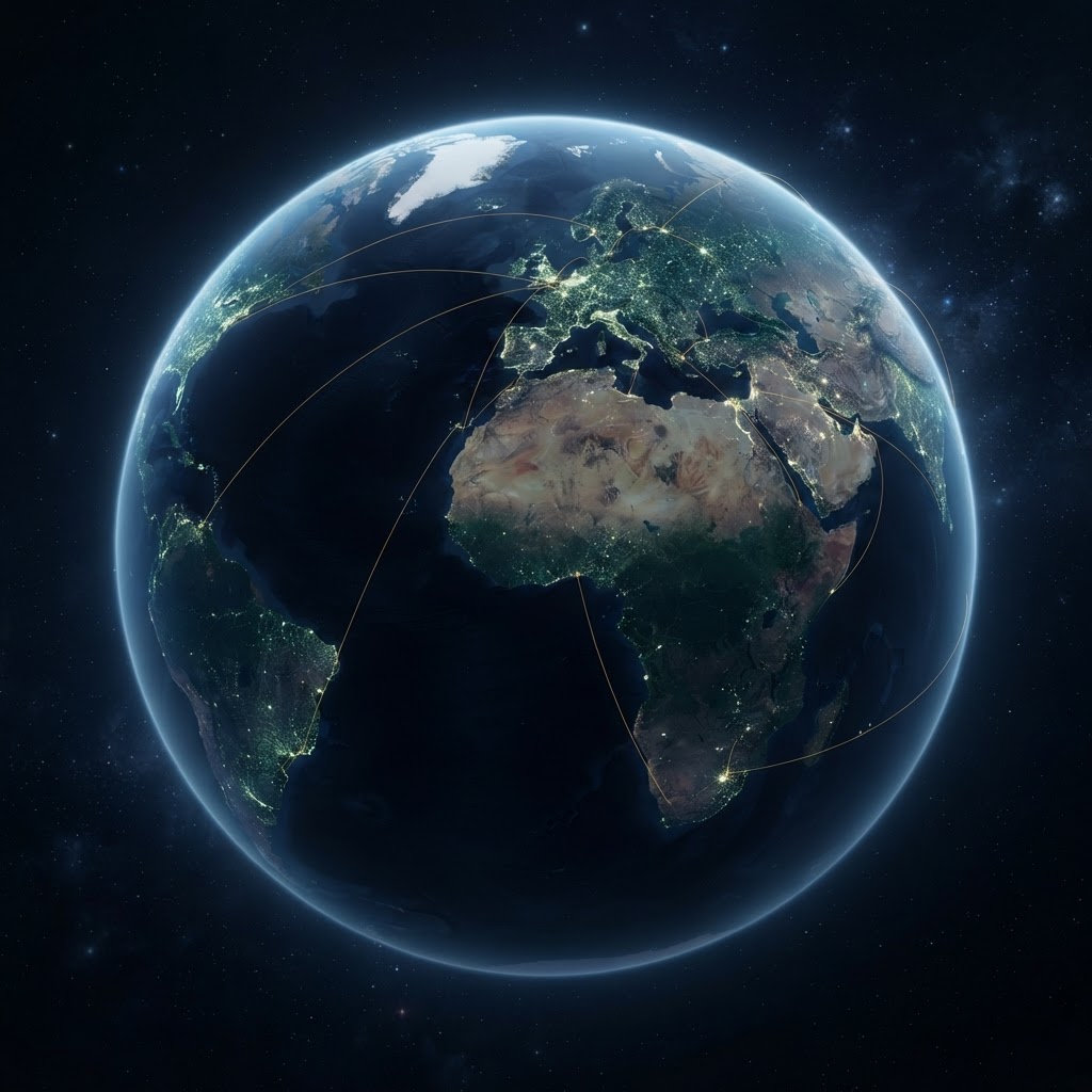 Illuminated globe with golden connection arcs