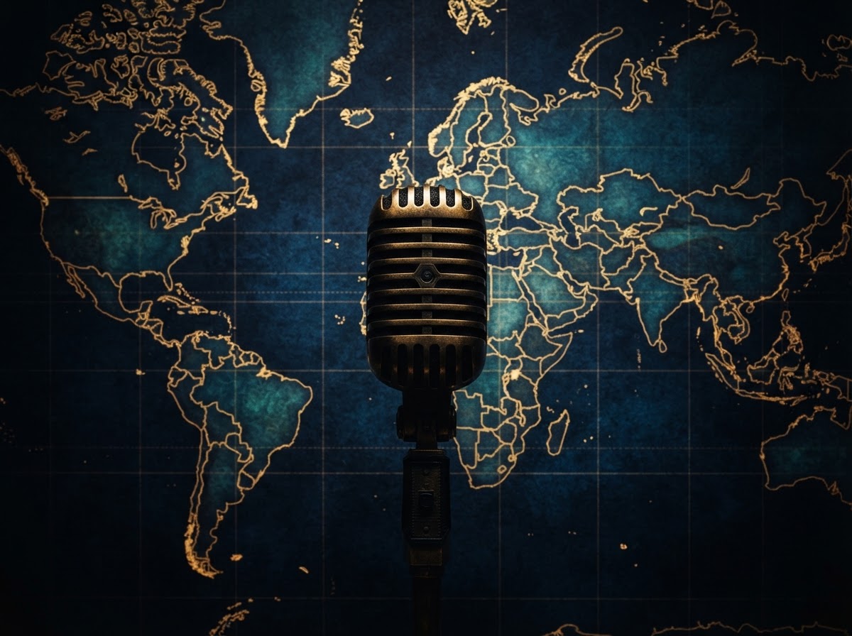 Podcast microphone over a world map