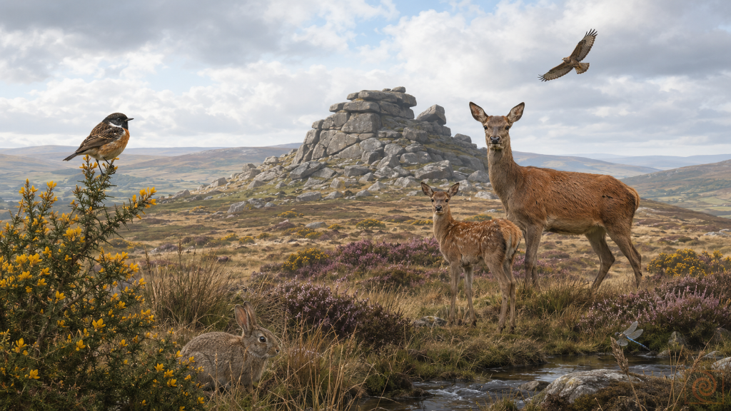 Dartmoor wildlife — deer, stonechat, buzzard and rabbit on the moorland