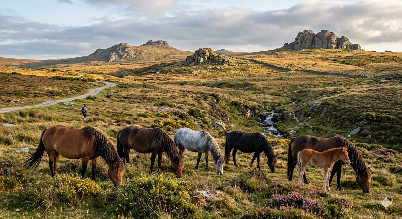 Dartmoor ponies grazing on open moorland near Haytor with granite tors in the background