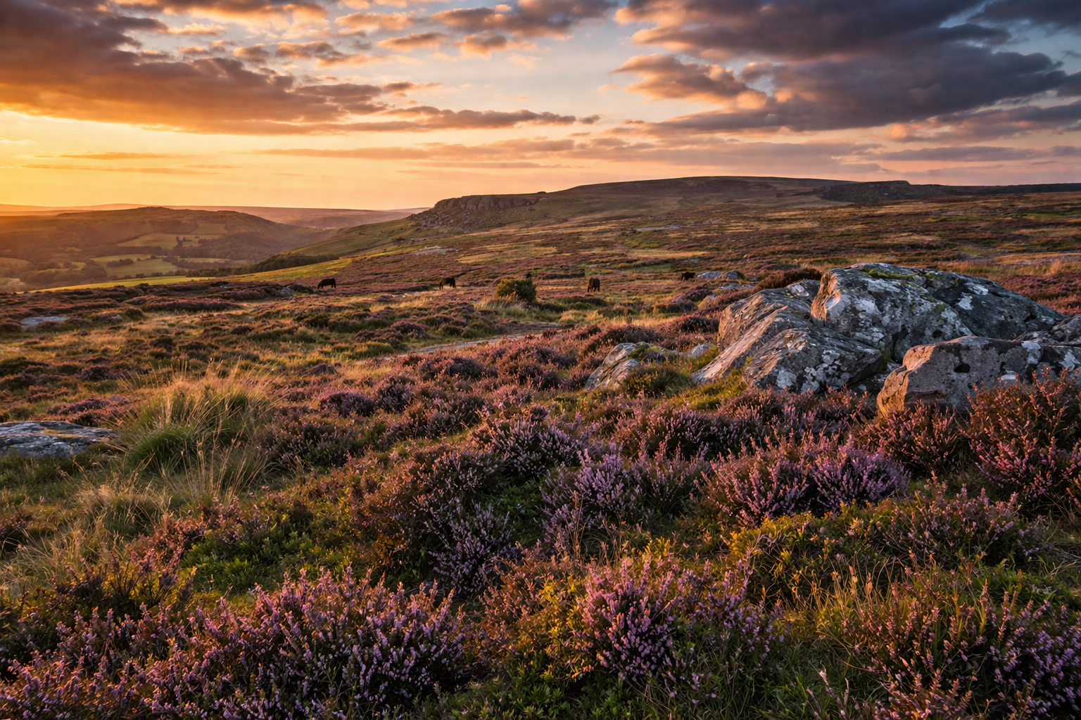 Purple heather in full bloom across Exmoor moorland in August, stretching to the horizon