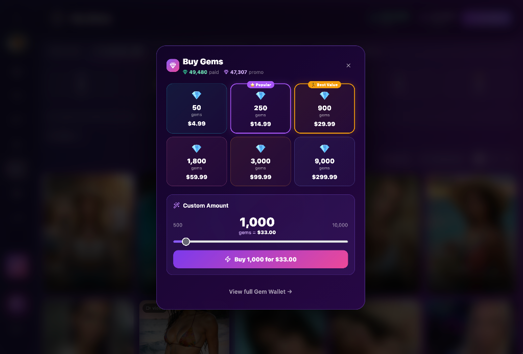 DAZZLE ME Buy Gems modal with gem packages and custom amount slider