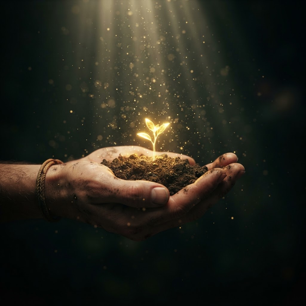 A hand cradling soil with a glowing seedling