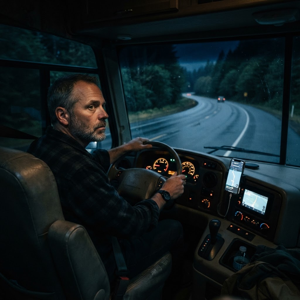 Tired RV driver on the road at night searching for a nearby site