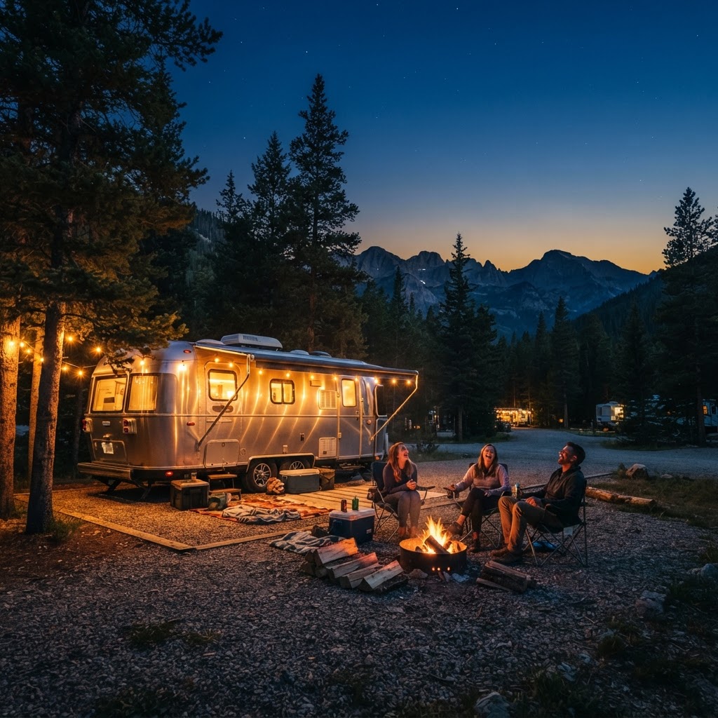 RV campsite at dusk with string lights and a campfire