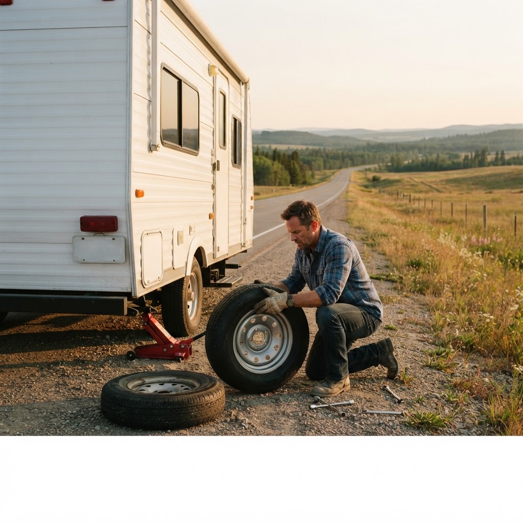 Repairing a flat RV tire on the side of the road at dusk, wheel removed